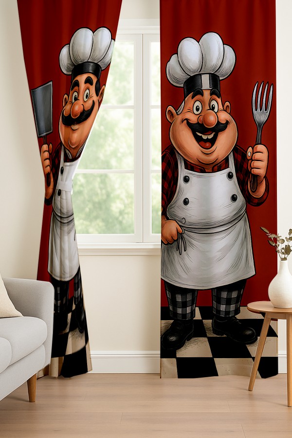 Ahçılar Desenli Çift Kanatlı Fon Perde Süet Oturma Odası Salon Mutfak 140x260cm