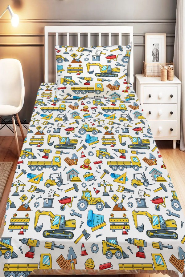 İnşaat Makineleri Kamyon Desenli Erkek Çocuk Tek Kişilik Dekoratif Yatak Örtüsü Yastık Kılıflı İnşaat Makineleri Kamyon Desenli Erkek Çocuk Tek Kişilik Dekoratif Yatak Örtüsü Yastık Kılıflı
