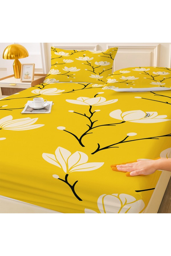 Sarı Beyaz Çiçekler Desenli Lastikli Çift Kişilik Çarşaf Takımı Yastık Kılıflı 160x200cm