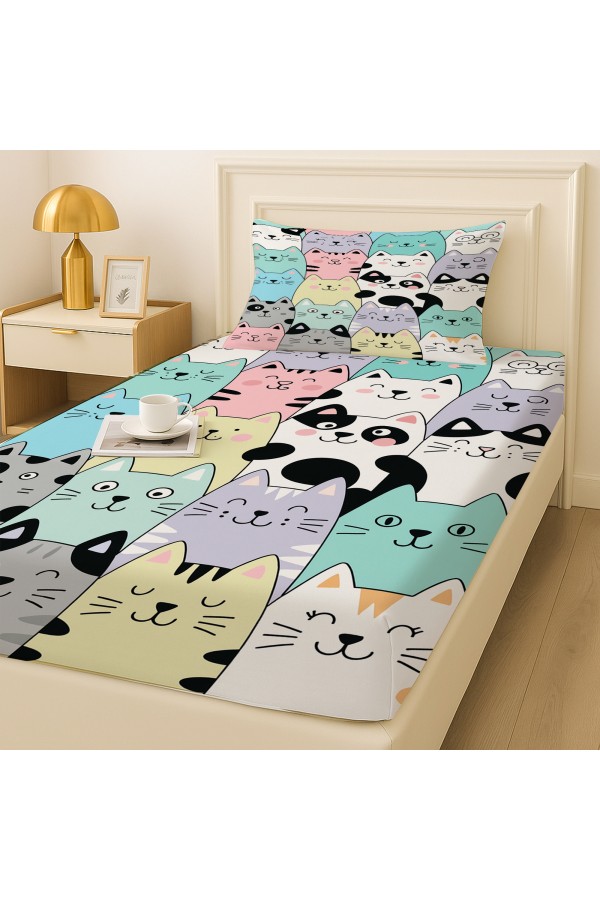 Renkli Kediler Desenli Lastikli Tek Kişilik Çarşaf Takımı Yastık Kılıflı 100x200cm Renkli Kediler Desenli Lastikli Tek Kişilik Çarşaf Takımı Yastık Kılıflı 100x200cm