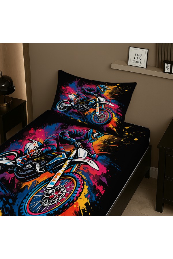 Renkli Motorcu Desenli Lastikli Tek Kişilik Çarşaf Takımı Yastık Kılıflı 100x200cm Renkli Motorcu Desenli Lastikli Tek Kişilik Çarşaf Takımı Yastık Kılıflı 100x200cm