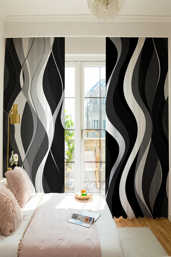 Siyah Gri Dalgalı Desenli Çift Kanatlı Tül Perde Oturma Odası Salon Mutfak 140x260cm