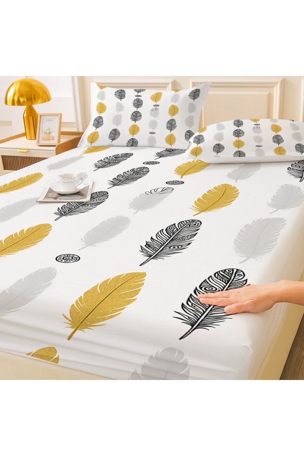 Sarı Gri Etnik Tüyler Desenli Lastikli Çift Kişilik Çarşaf Takımı Yastık Kılıflı 160x200cm