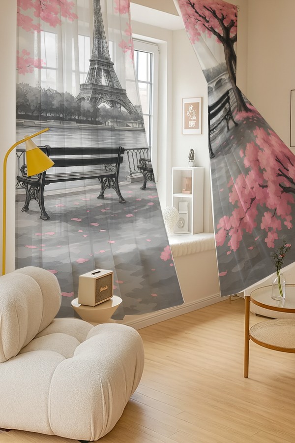 Paris Eyfel Kulesi Pembe Çiçekli Desenli Çift Kanatlı Tül Perde Oturma Odası Salon Mutfak