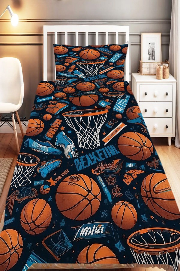 Basketbol Topları Desenli Erkek Çocuk Tek Kişilik Dekoratif Yatak Örtüsü Yastık Kılıflı Basketbol Topları Desenli Erkek Çocuk Tek Kişilik Dekoratif Yatak Örtüsü Yastık Kılıflı