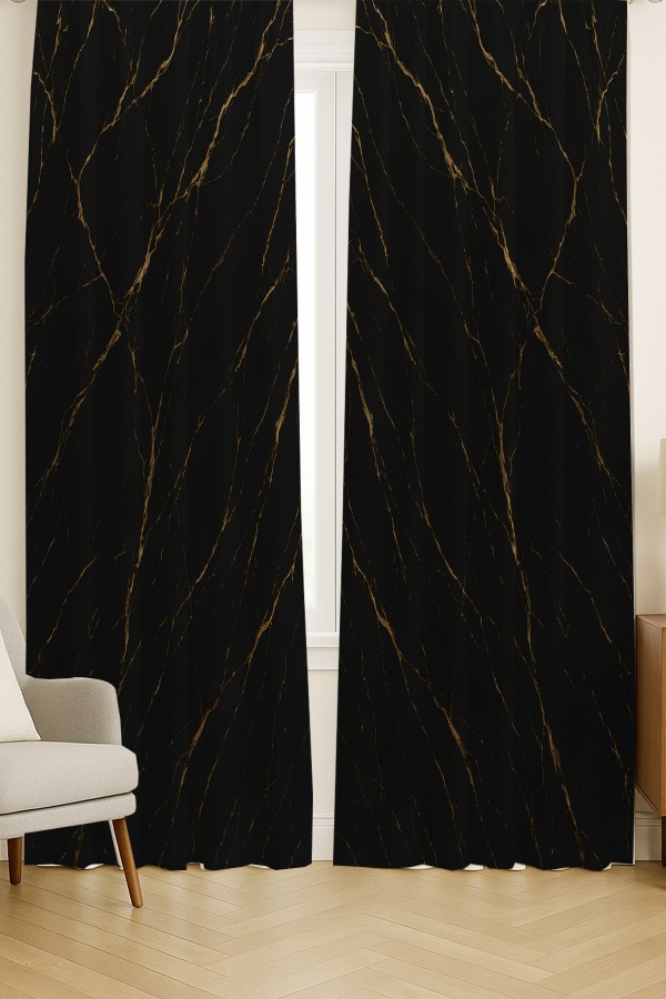Sarı Siyah Mermer Desenli Çift Kanatlı Fon Perde Süet Oturma Odası Salon Mutfak 140x260cm