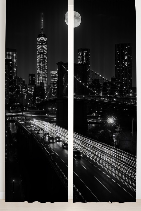 New York Gece Manzaralı Şehir Silüeti Desenli Çift Kanatlı Fon Perde Süet Oturma Odası Salon Mutfak