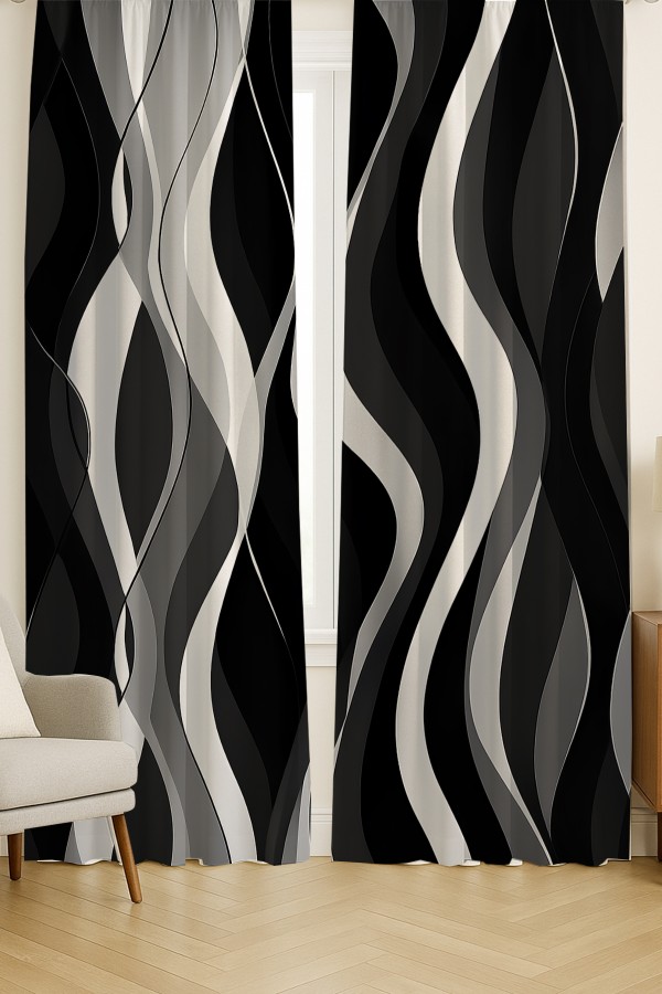 Siyah Gri Dalgalı Desenli Çift Kanatlı Fon Perde Süet Oturma Odası Salon Mutfak 140x260cm