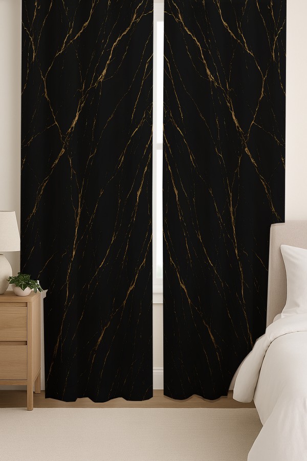 Sarı Siyah Mermer Desenli Çift Kanatlı Fon Perde Süet Oturma Odası Salon Mutfak 140x260cm