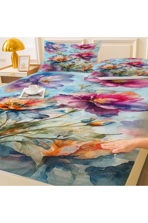 Suluboya Çiçek Desenli Lastikli Çift Kişilik Çarşaf Takımı Yastık Kılıflı 160x200cm
