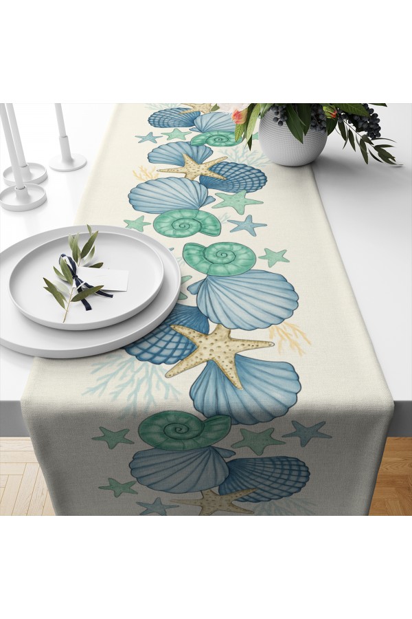 Mavi Deniz Kabukları Desenli Dijital Baskı Yıkanabilir Dekoratif Runner 40x140cm Mavi Deniz Kabukları Desenli Dijital Baskı Yıkanabilir Dekoratif Runner 40x140cm
