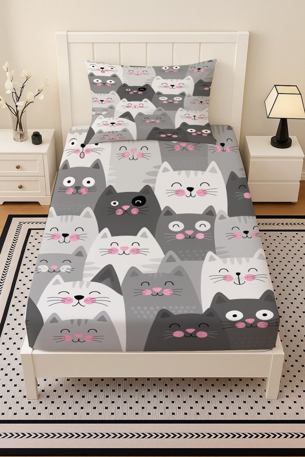 Gri Beyaz Kediler Desenli Lastikli Tek Kişilik Çarşaf Takımı Yastık Kılıflı 100x200cm Gri Beyaz Kediler Desenli Lastikli Tek Kişilik Çarşaf Takımı Yastık Kılıflı 100x200cm