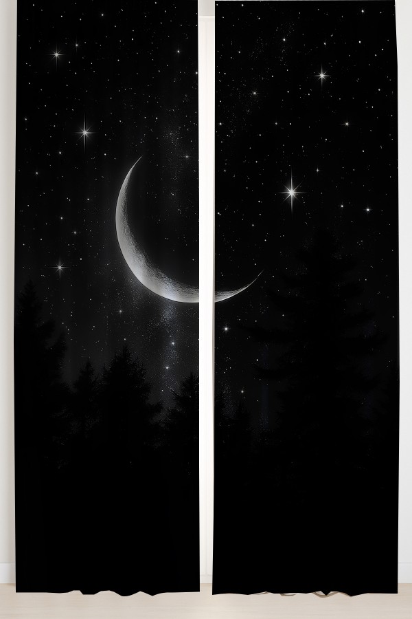 Gece Manzaralı Ay ve Yıldız Desenli Çift Kanatlı Fon Perde Süet Oturma Odası Salon Mutfak 140x260cm