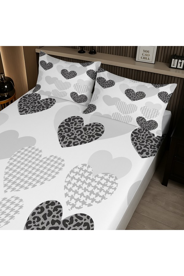 Gri Siyah Kalpler Desenli Lastikli Çift Kişilik Çarşaf Takımı Yastık Kılıflı 160x200cm