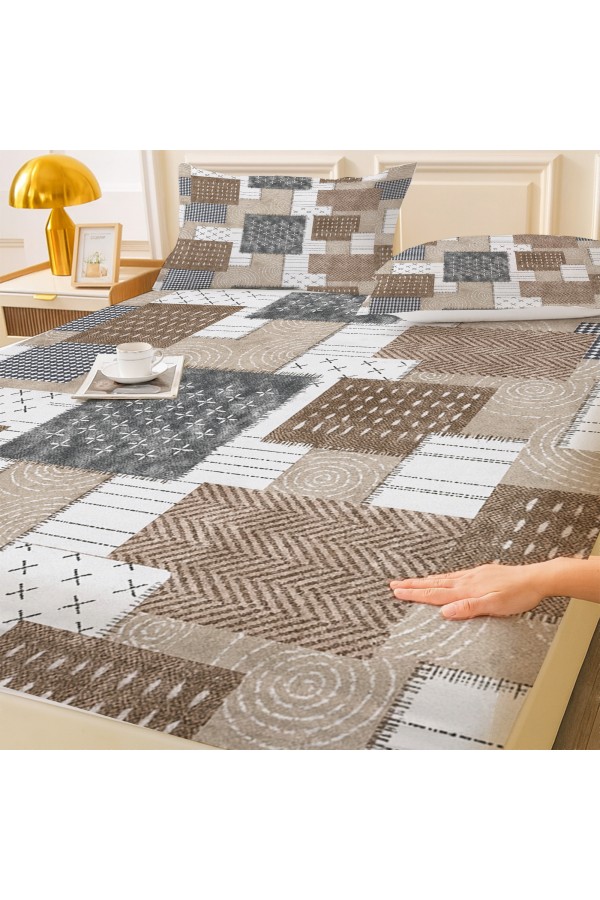 Kahverengi Geometrik Retro Desenli Lastikli Çift Kişilik Çarşaf Takımı Yastık Kılıflı 160x200cm