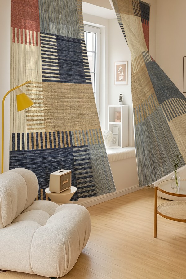 Vintage Geometrik Desenli Çift Kanatlı Tül Perde Oturma Odası Salon Mutfak 140x260cm
