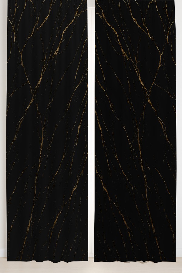 Sarı Siyah Mermer Desenli Çift Kanatlı Fon Perde Süet Oturma Odası Salon Mutfak 140x260cm