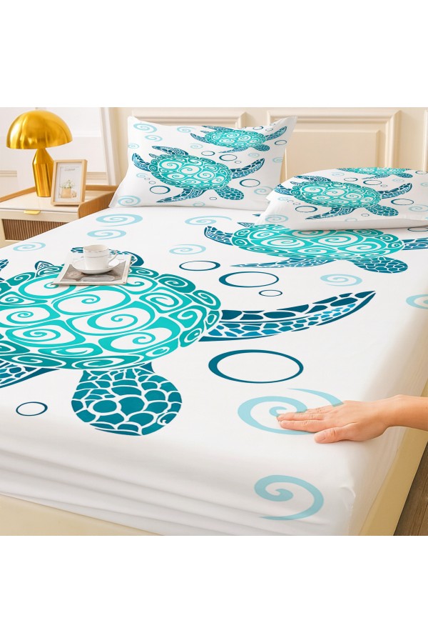 Turkuaz Caretta Kaplumbağa Desenli Lastikli Çift Kişilik Çarşaf Takımı Yastık Kılıflı 160x200cm