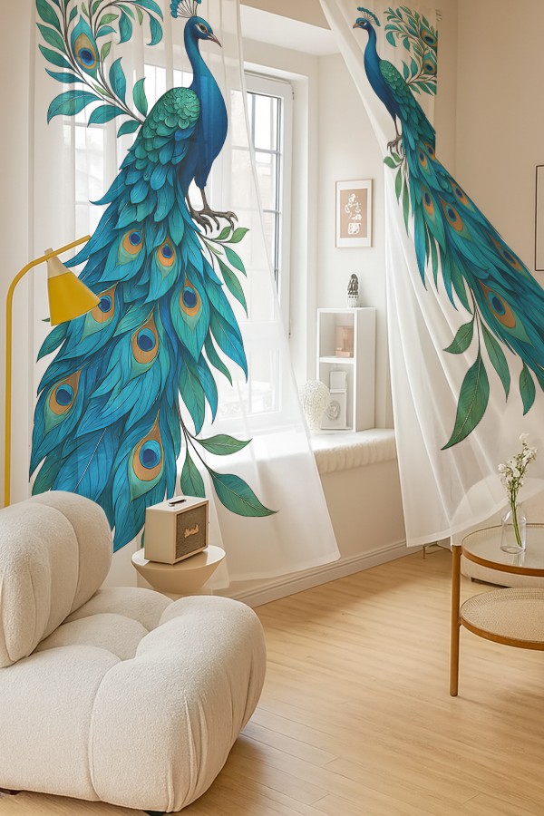 Mavi Tavus Kuşu Desenli Çift Kanatlı Tül Perde Oturma Odası Salon Mutfak 140x260cm