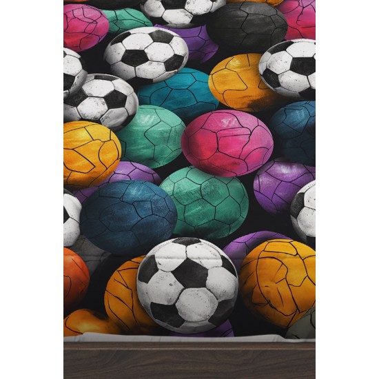 Renkli Toplar Futbol Desenli Erkek Çocuk Tek Kişilik Yastıklı Lastikli Çarşaf Takımı 100x200cm