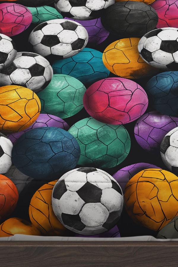 Renkli Toplar Futbol Desenli Erkek Çocuk Tek Kişilik Yastıklı Lastikli Çarşaf Takımı 100x200cm