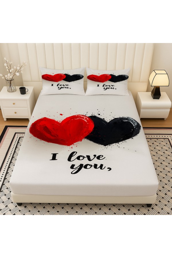 Love You Kalpler Desenli Lastikli Çift Kişilik Çarşaf Takımı Yastık Kılıflı 160x200cm