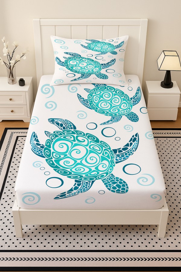Turkuaz Caretta Kaplumbağa Desenli Lastikli Tek Kişilik Çarşaf Takımı Yastık Kılıflı 100x200cm Turkuaz Caretta Kaplumbağa Desenli Lastikli Tek Kişilik Çarşaf Takımı Yastık Kılıflı 100x200cm