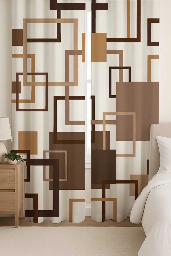 Kahverengi Geometrik Kare Desenli Çift Kanatlı Fon Perde Süet Oturma Odası Salon Mutfak 140x260cm