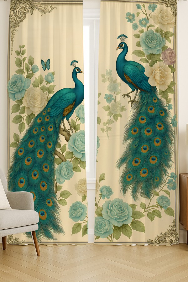 Vintage Tavus Kuşu Desenli Çift Kanatlı Fon Perde Süet Oturma Odası Salon Mutfak 140x260cm