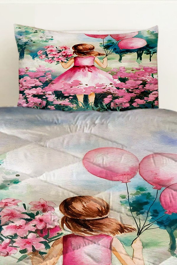 Pembe Balonlu Prenses Kız Desenli Çocuk Tek Kişilik Kapitoneli Yorgan Yastık Kılıflı Pembe Balonlu Prenses Kız Desenli Çocuk Tek Kişilik Kapitoneli Yorgan Yastık Kılıflı