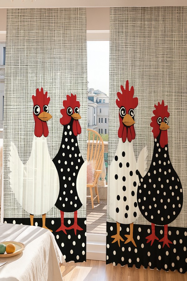 Tavuk Horoz Polka Dot Desenli Çift Kanatlı Tül Perde Oturma Odası Salon Mutfak 140x260cm