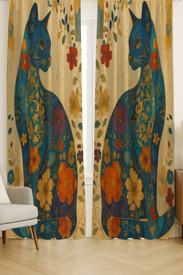 Vintage Kedi Çiçek Desenli Çift Kanatlı Fon Perde Süet Oturma Odası Salon Mutfak 140x260cm