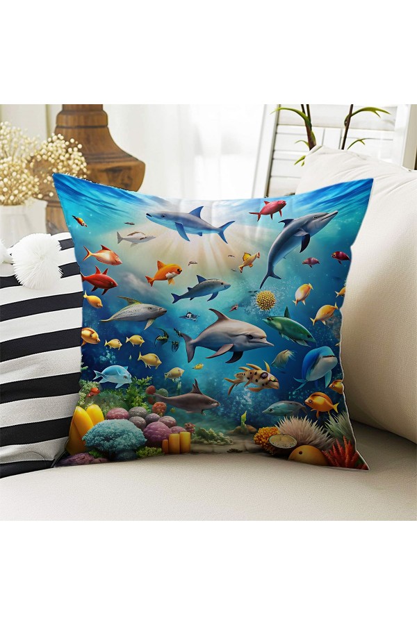 Su Altı Deniz Dünyası Balıklar Desenli ÇocukDekoratif Çift Taraflı Kırlent Kılıfı 43x43cm