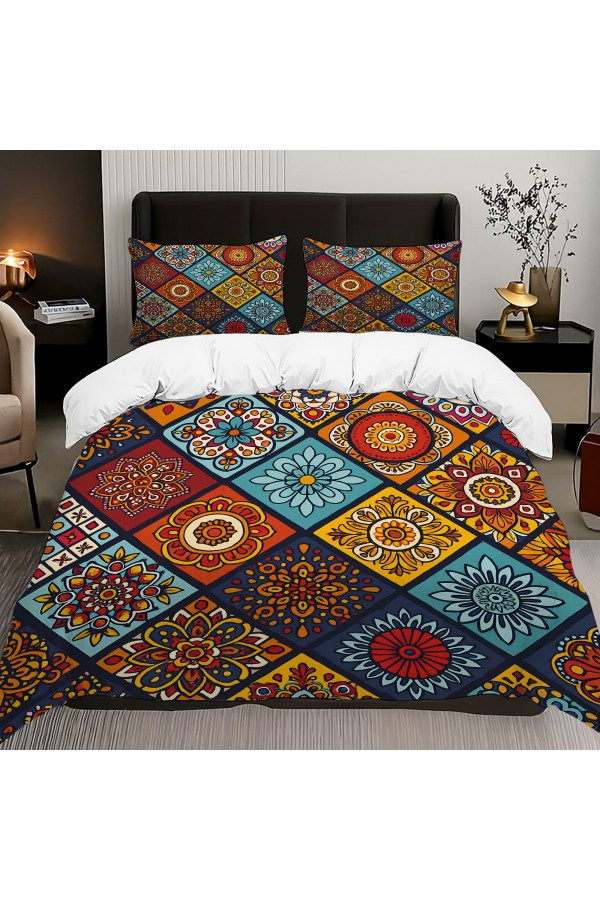 Renkli Karolar Etnik Desenli Pamuk Saten Çift Kişilik Nevresim Takımı 200x220cm Renkli Karolar Etnik Desenli Pamuk Saten Çift Kişilik Nevresim Takımı 200x220cm