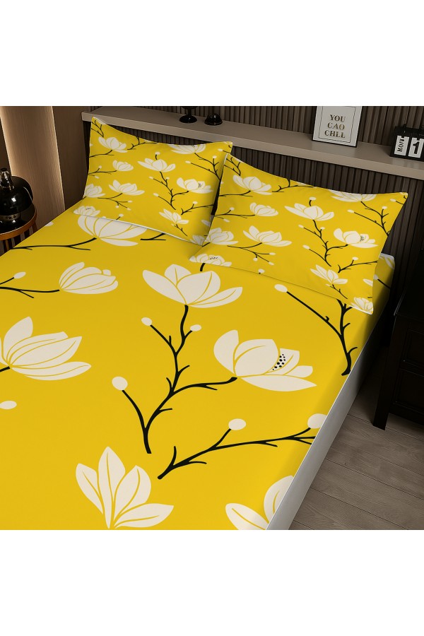 Sarı Beyaz Çiçekler Desenli Lastikli Çift Kişilik Çarşaf Takımı Yastık Kılıflı 160x200cm