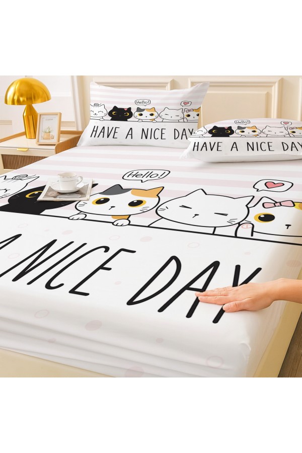 Minik Kedili Desenli Lastikli Çift Kişilik Çarşaf Takımı Yastık Kılıflı 160x200cm