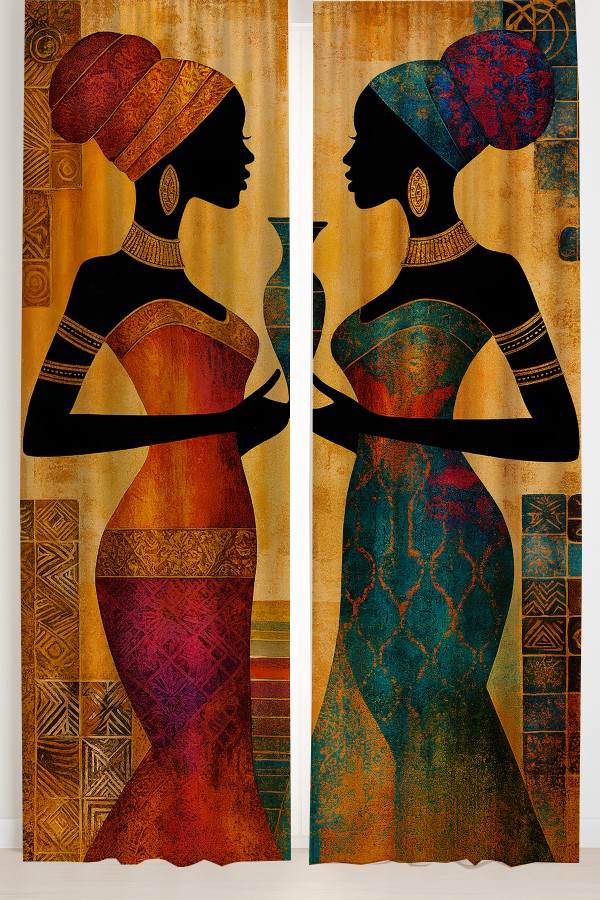 Afrika Silüet Kadın Etnik Desenli Çift Kanatlı Fon Perde Süet Oturma Odası Salon Mutfak 140x260cm