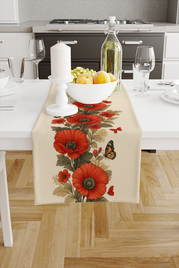 Kelebekli Kırmızı Çiçek Desenli Dijital Baskı Yıkanabilir Dekoratif Runner 40x140cm