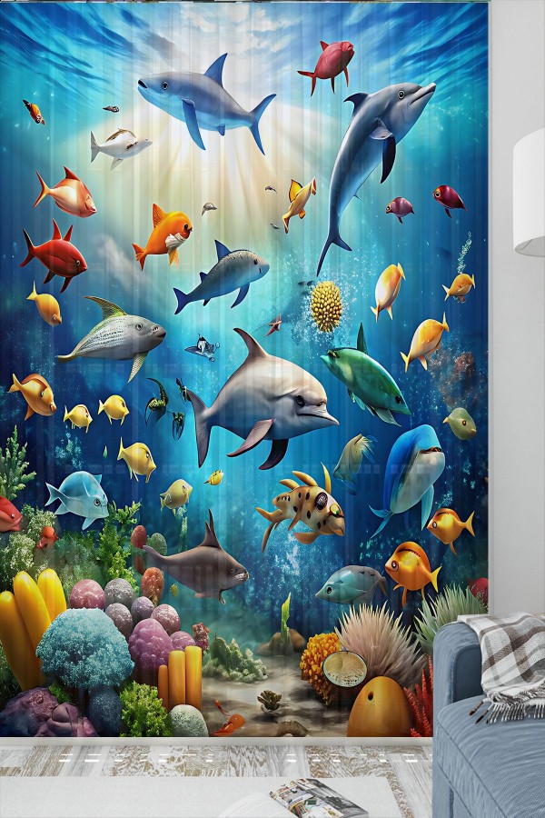 Su Altı Deniz Dünyası Balıklar Desenli Çocuk Odası Tül Perde 140x260cm Su Altı Deniz Dünyası Balıklar Desenli Çocuk Odası Tül Perde 140x260cm