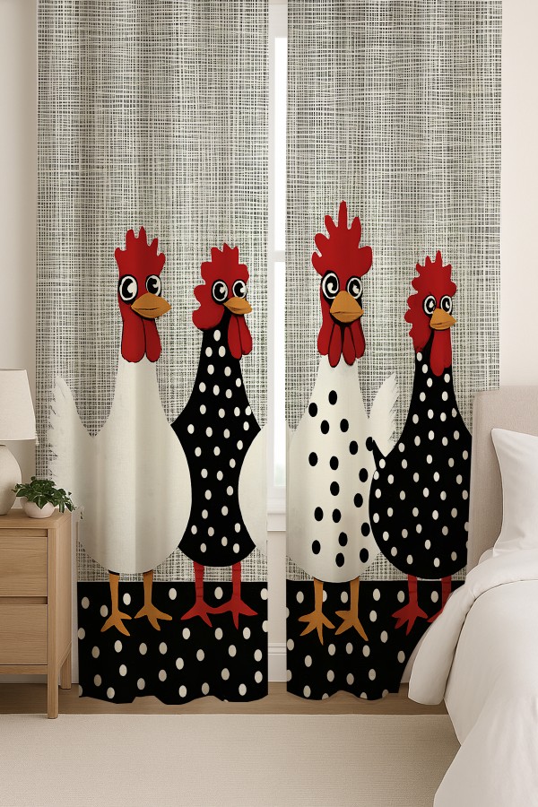 Tavuk Horoz Polka Dot Desenli Çift Kanatlı Fon Perde Süet Oturma Odası Salon Mutfak 140x260cm
