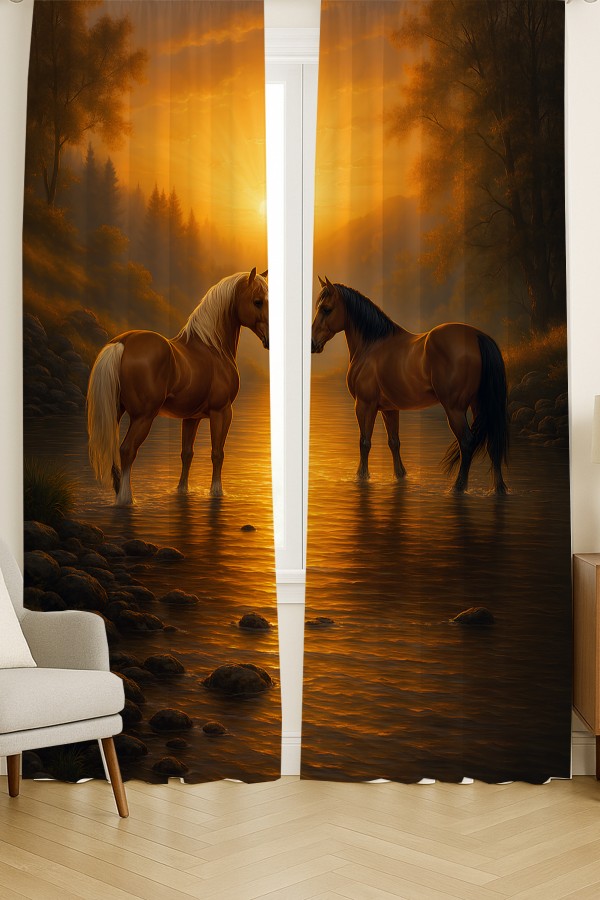 Gün Batımı Atlar Desenli Çift Kanatlı Fon Perde Süet Oturma Odası Salon Mutfak 140x260cm