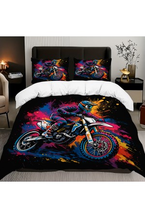 Renkli Motorcu Desenli Pamuk Saten Çift Kişilik Nevresim Takımı 200x220cm Renkli Motorcu Desenli Pamuk Saten Çift Kişilik Nevresim Takımı 200x220cm