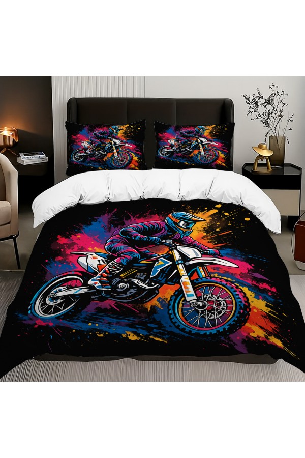 Renkli Motorcu Desenli Pamuk Saten Çift Kişilik Nevresim Takımı 200x220cm Renkli Motorcu Desenli Pamuk Saten Çift Kişilik Nevresim Takımı 200x220cm