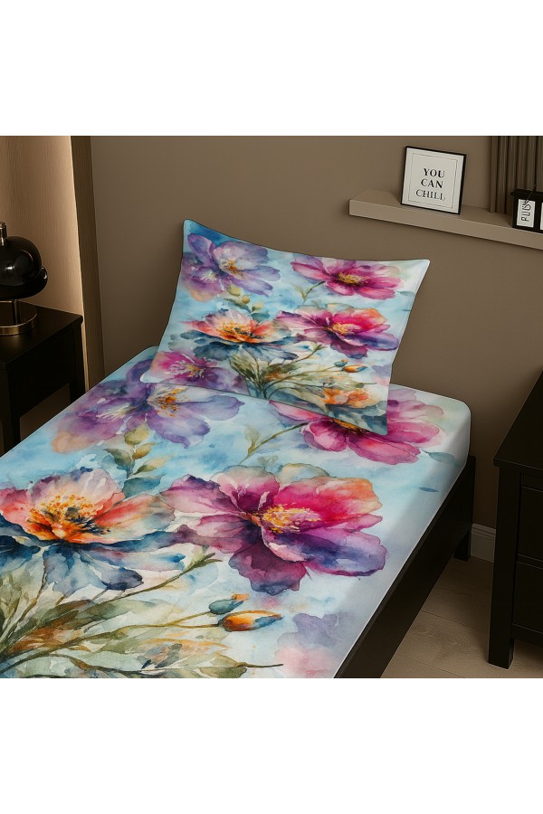 Suluboya Çiçek Desenli Lastikli Tek Kişilik Çarşaf Takımı Yastık Kılıflı 100x200cm Suluboya Çiçek Desenli Lastikli Tek Kişilik Çarşaf Takımı Yastık Kılıflı 100x200cm