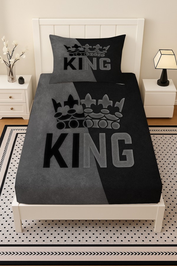 King Kral Gri Desenli Lastikli Tek Kişilik Çarşaf Takımı Yastık Kılıflı 100x200cm King Kral Gri Desenli Lastikli Tek Kişilik Çarşaf Takımı Yastık Kılıflı 100x200cm