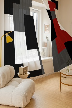 Kırmızı Siyah Gri Blok Geometrik Desenli Çift Kanatlı Tül Perde Oturma Odası Salon Mutfak Kırmızı Siyah Gri Blok Geometrik Desenli Çift Kanatlı Tül Perde Oturma Odası Salon Mutfak