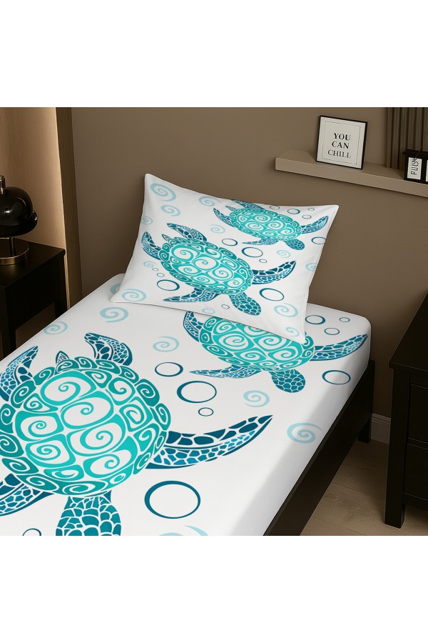 Turkuaz Caretta Kaplumbağa Desenli Lastikli Tek Kişilik Çarşaf Takımı Yastık Kılıflı 100x200cm Turkuaz Caretta Kaplumbağa Desenli Lastikli Tek Kişilik Çarşaf Takımı Yastık Kılıflı 100x200cm