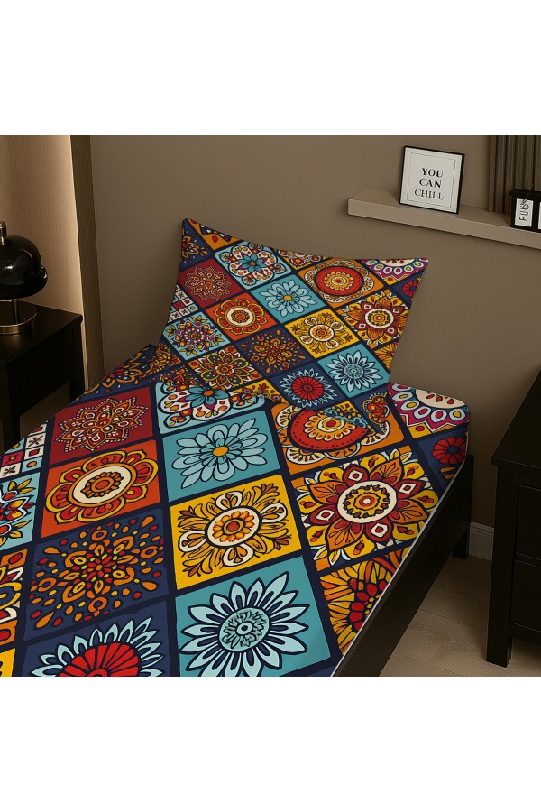Renkli Karolar Etnik Desenli Lastikli Tek Kişilik Çarşaf Takımı Yastık Kılıflı 100x200cm Renkli Karolar Etnik Desenli Lastikli Tek Kişilik Çarşaf Takımı Yastık Kılıflı 100x200cm