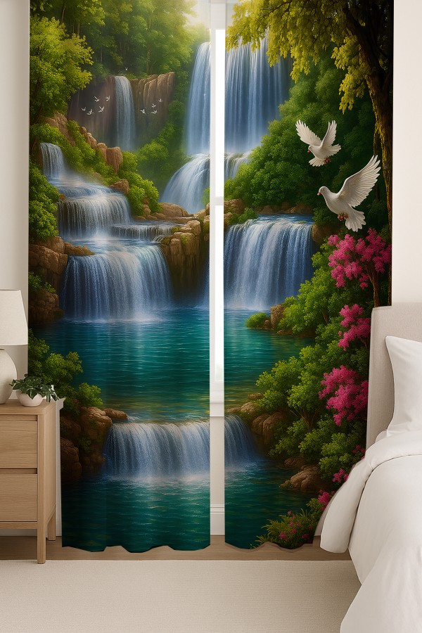 Doğa Manzaralı Şelale Kuş Desenli Çift Kanatlı Fon Perde Süet Oturma Odası Salon Mutfak 140x260cm