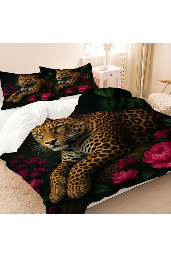 Leopar Gül Desenli Pamuk Saten Çift Kişilik Nevresim Takımı 200x220cm Leopar Gül Desenli Pamuk Saten Çift Kişilik Nevresim Takımı 200x220cm